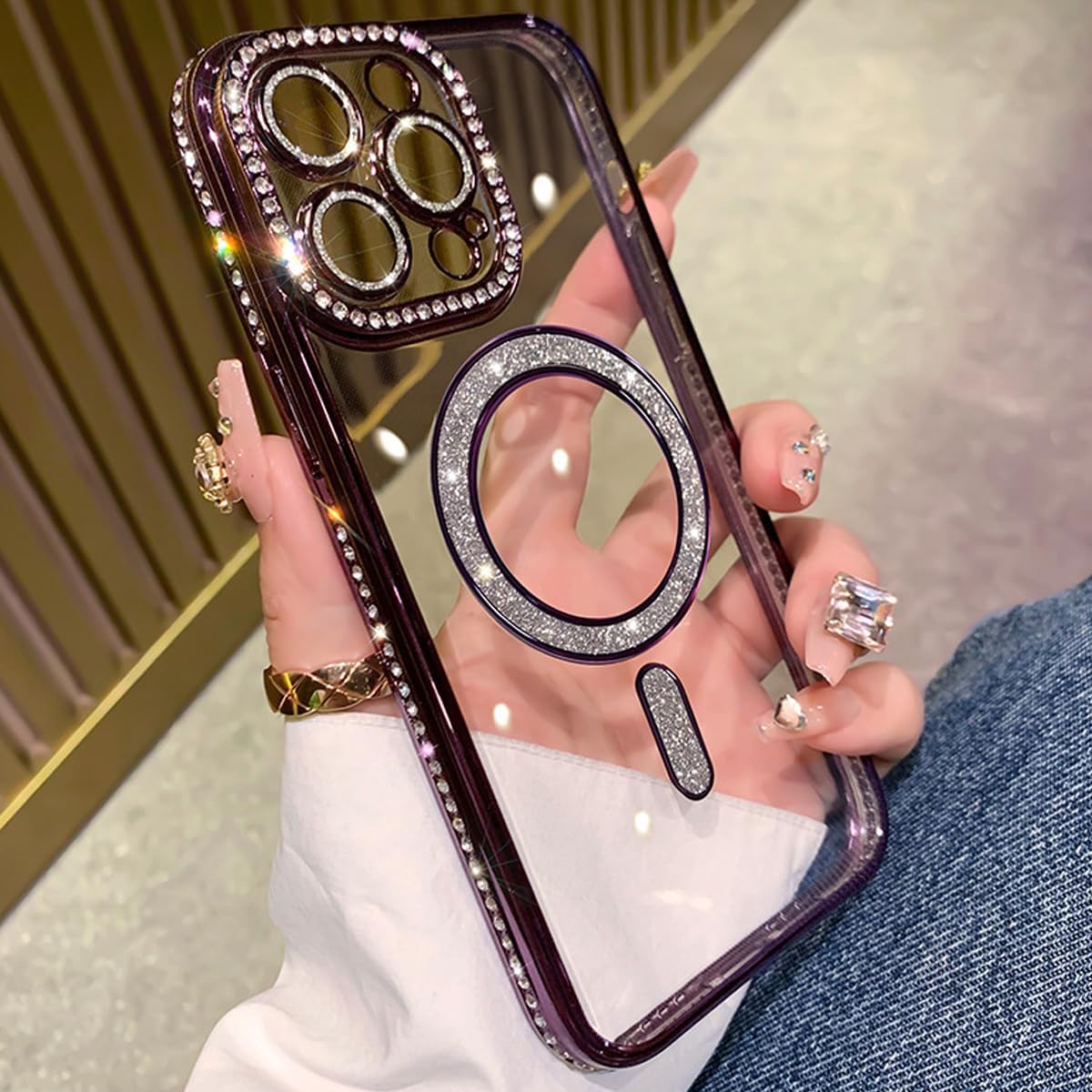 for iPhone 16 Pro Max Case Magnetic, [Compatible with MagSafe] Women Cute Clear Glitter Bling Diamond Rhinestone Sparkly Case Camera Lens Protectors Plating Cover for iPhone 16 Pro Max (Pink)